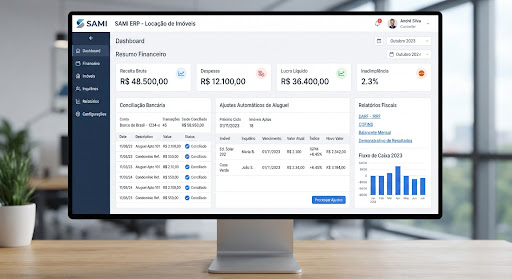 Painel financeiro do SAMI ERP Locação em um monitor